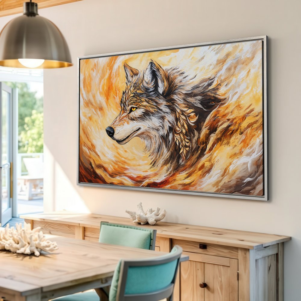 Framed Wall Art: Majestic wolf portrait in warm orange and brown tones. Perfect for adding a touch of wilderness to your home decor.