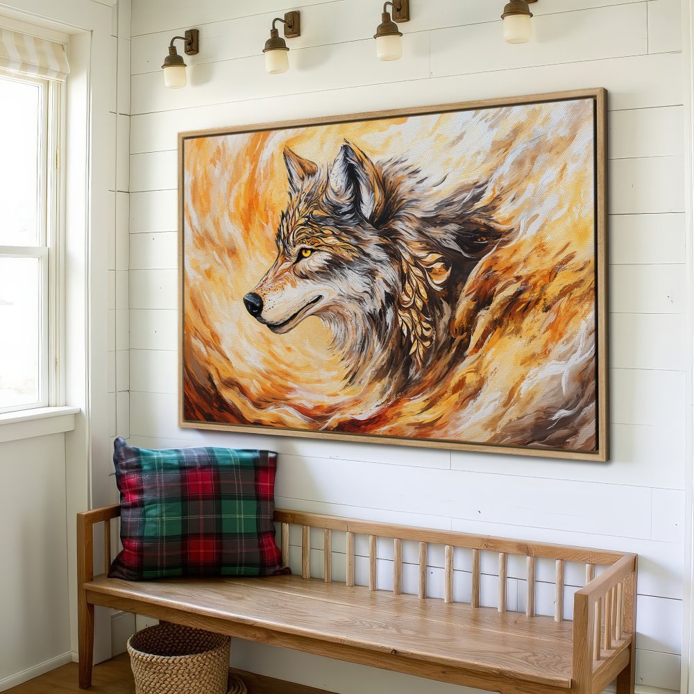 Framed Wall Art: Majestic wolf portrait in warm orange & gold tones. Add a touch of wilderness with this stunning canvas print.