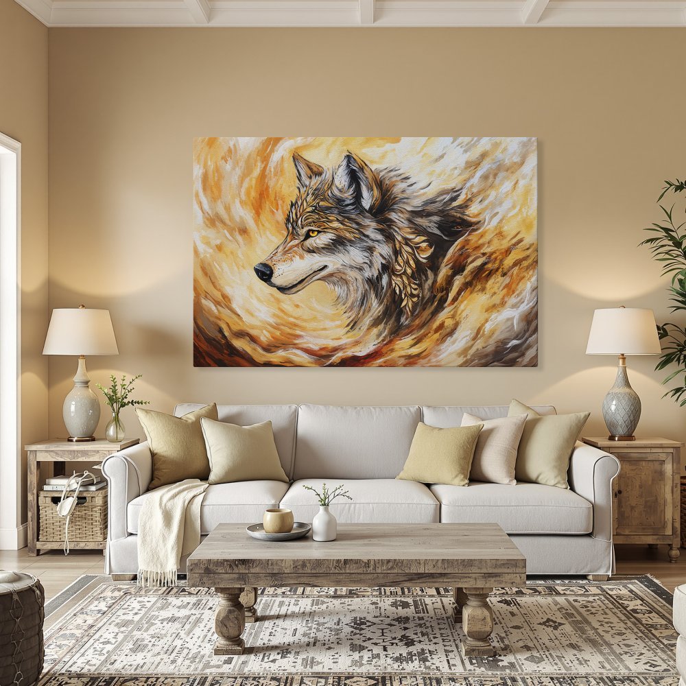 Framed Wall Art: Majestic wolf portrait in warm orange and brown tones. Add a touch of wild beauty to your space with this stunning canvas print.