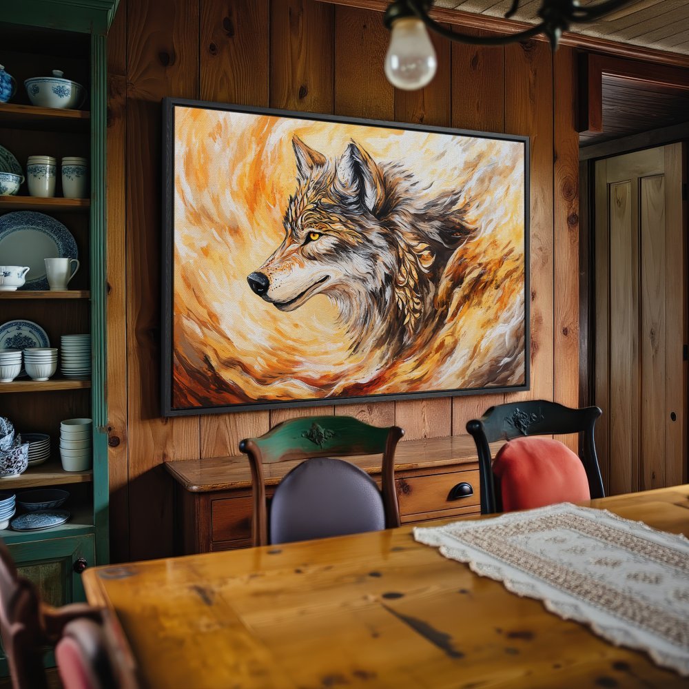 Framed Wall Art: Majestic wolf portrait in warm orange & brown tones. Enhance your space with this stunning canvas print!