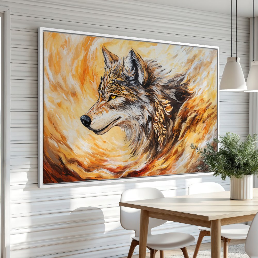 Framed Wall Art: Majestic wolf portrait in warm orange and gold tones. Stunning canvas print for a bold statement. Shop now!