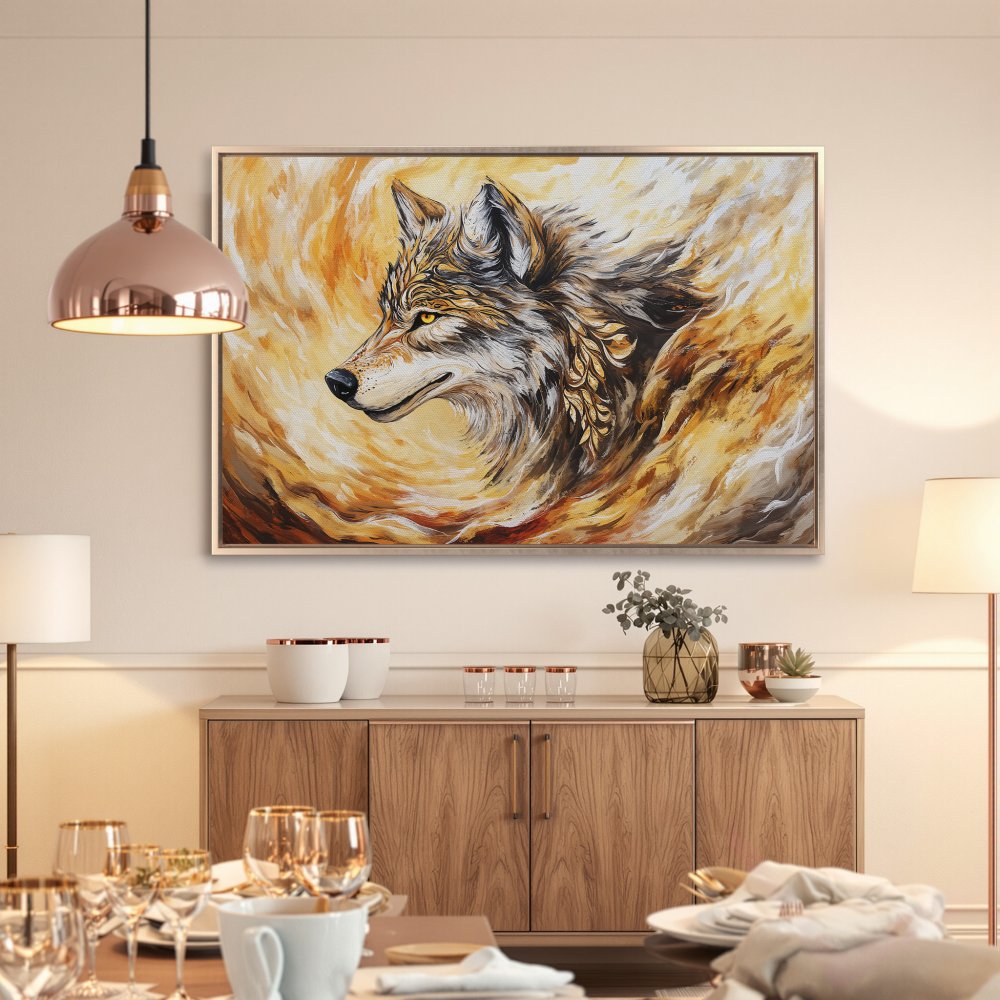Framed Wall Art featuring a majestic wolf in warm gold and brown tones. Add a touch of wilderness to your home with this stunning canvas print!