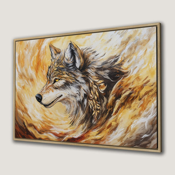 Canvas Print of a majestic wolf in warm, earthy tones. Stunning abstract art piece with a golden and brown color palette, perfect for any decor.