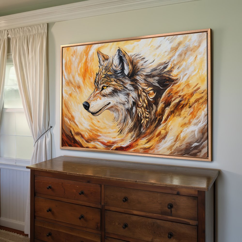 Framed Wall Art: Majestic wolf portrait in warm orange and brown tones. Add stunning art to your home!