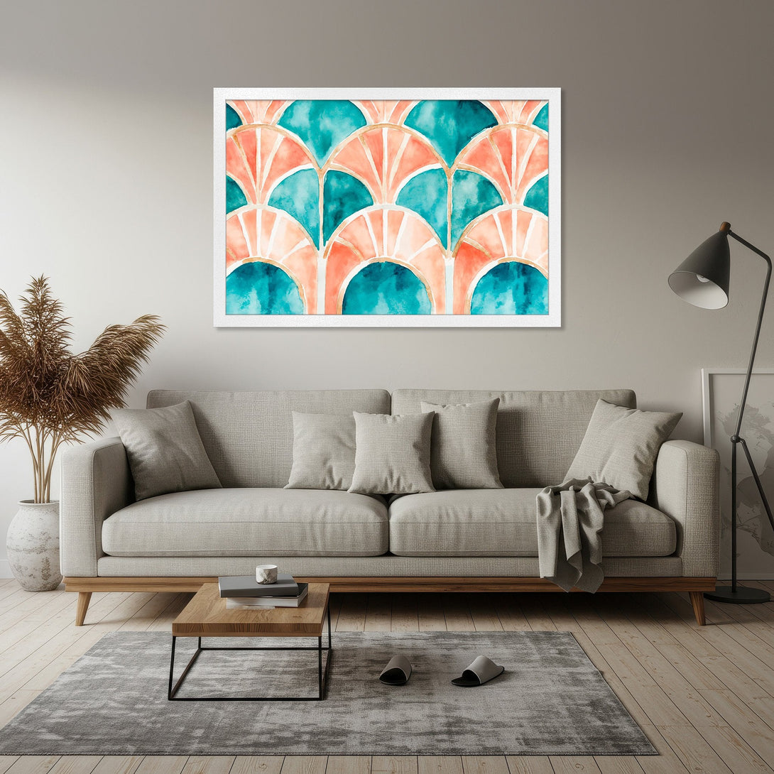 Framed Poster featuring an abstract watercolor design in teal and coral. Perfect wall art to elevate your home decor.