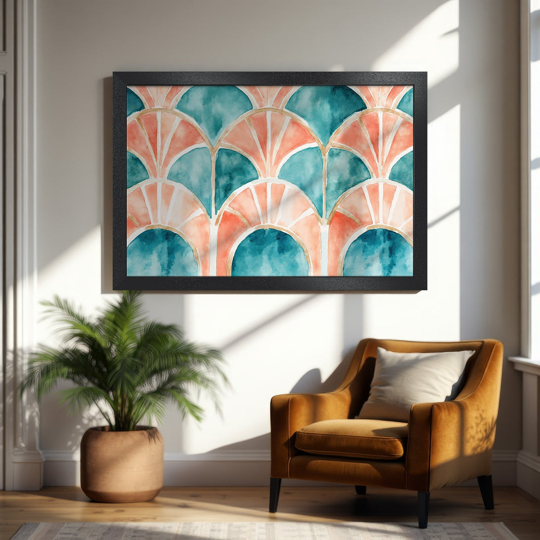 Framed Poster featuring a watercolor fan design in teal and coral. Modern art print to elevate your home decor.