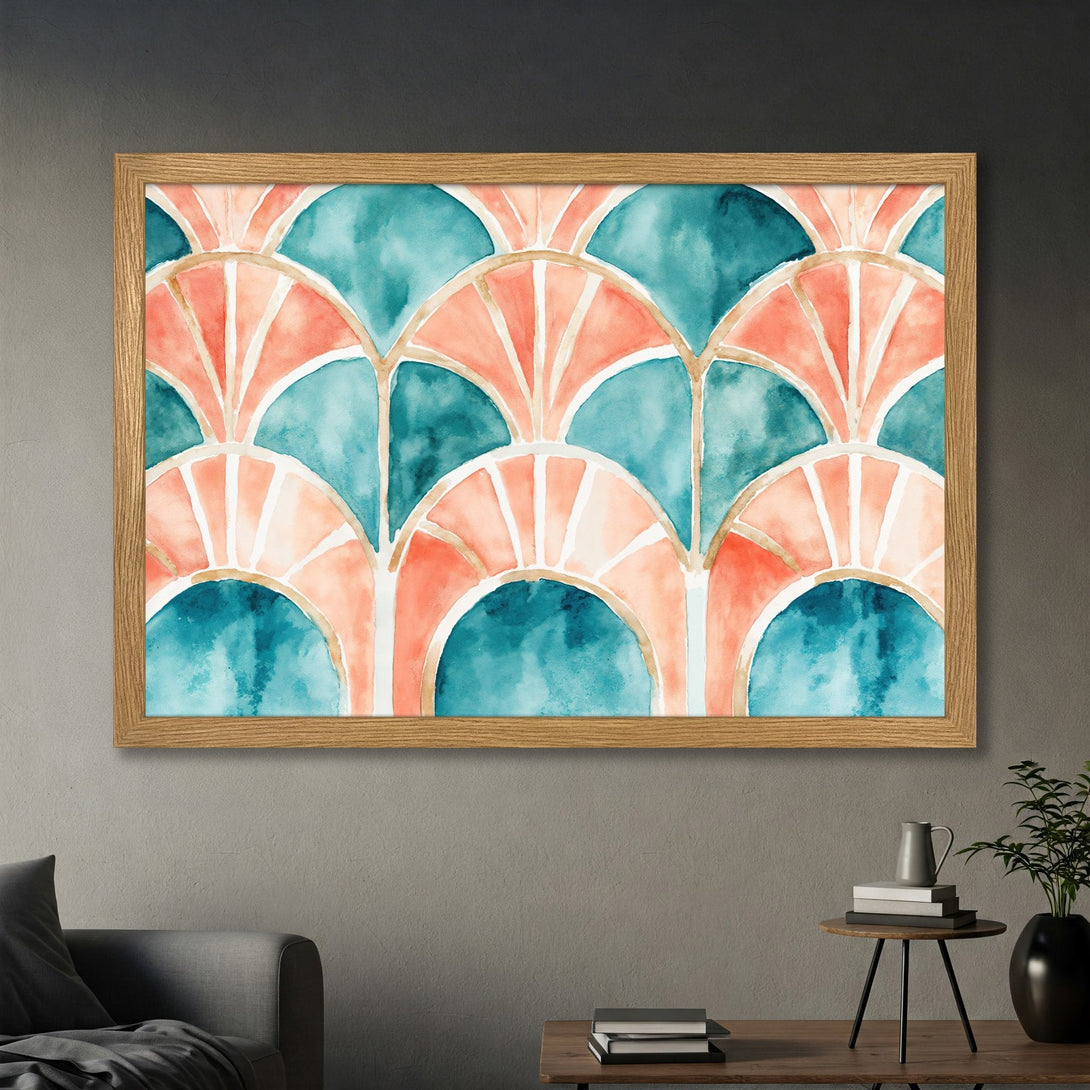 Framed Poster featuring a watercolor fan pattern in teal, coral, and gold. Modern art print for home decor.
