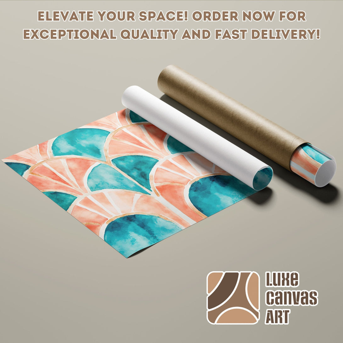 Abstract watercolor Poster Roll in teal and coral hues. Elevate your space with Luxe Canvas Art!