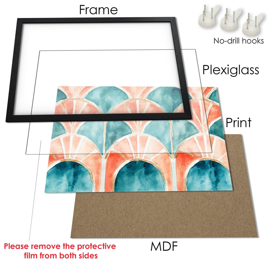 Framed Poster featuring an abstract watercolor design in teal and coral. Modern art for your home!