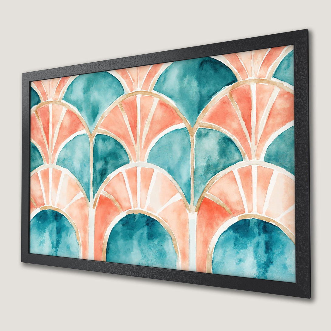 Framed Poster featuring watercolor abstract art in teal and coral. Modern art print for your home decor.