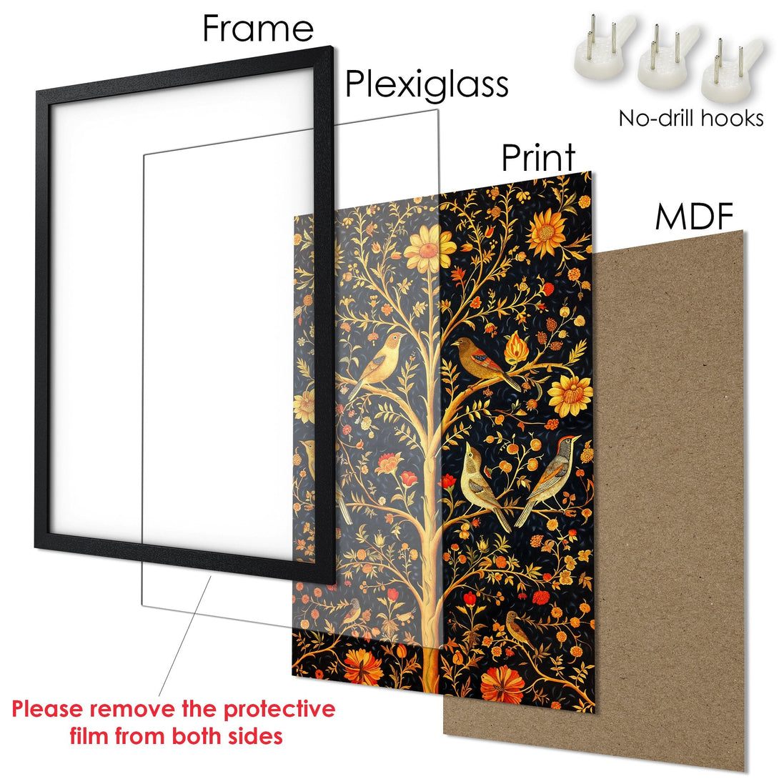 Framed Poster featuring a botanical design with birds, in a vintage style, with a black, gold, and orange color palette.