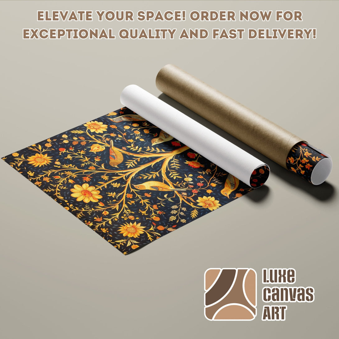 Floral Poster Roll with birds, dark blue background, yellow and orange accents. Elevate your decor!