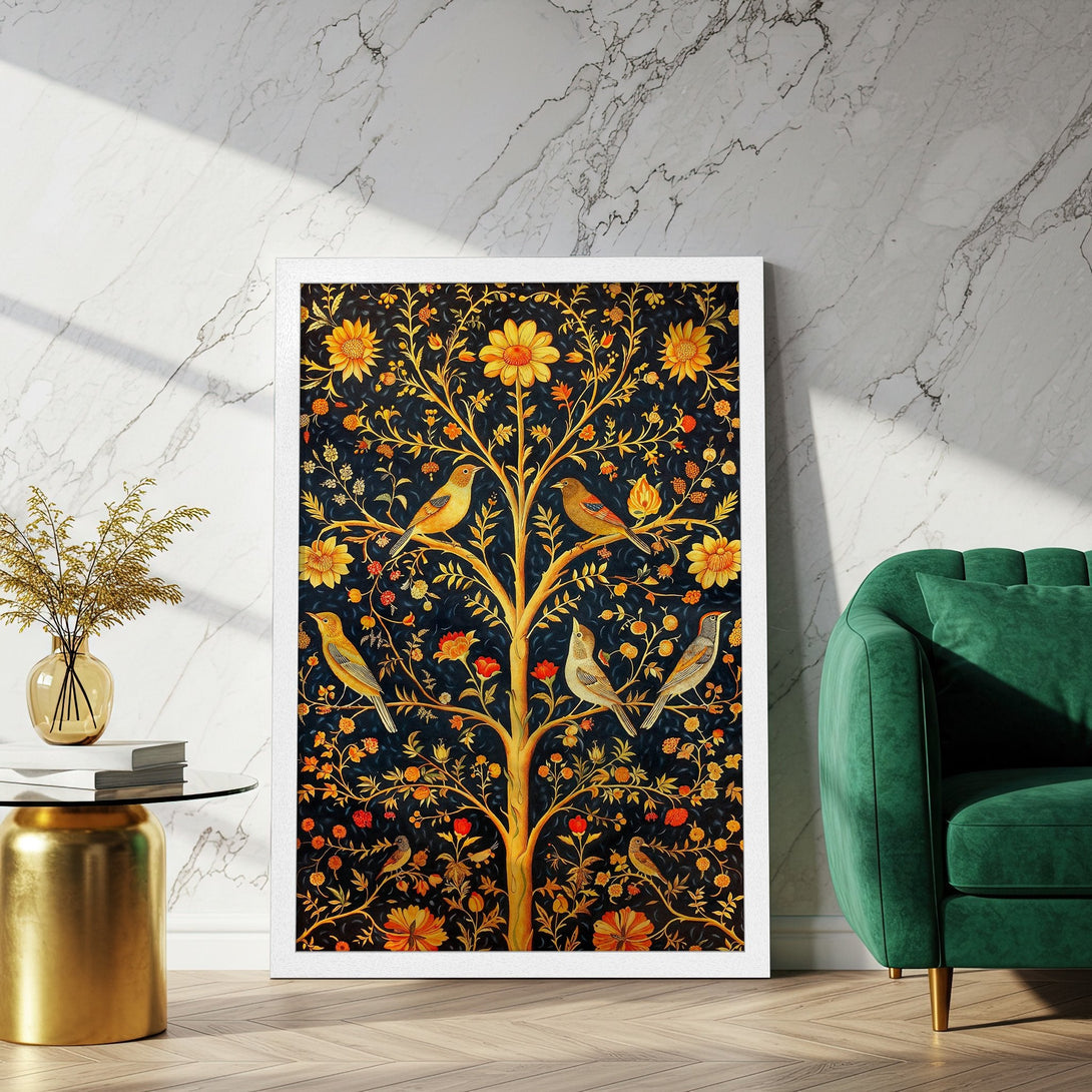Framed Poster featuring a vibrant bird and floral design in a vintage style with a gold, orange, and navy color palette. Perfect wall art!