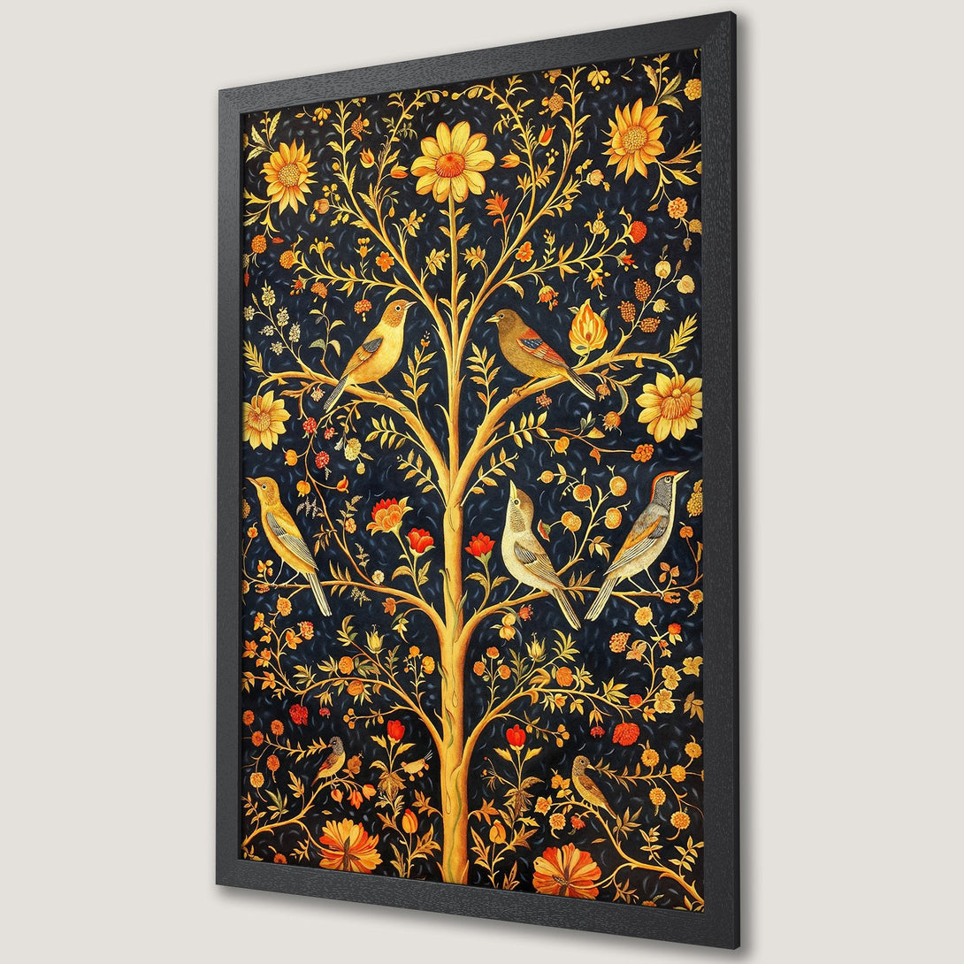 Framed Poster featuring a tree with birds, in a vintage style with a dark blue, gold, and orange color palette. Perfect wall art!