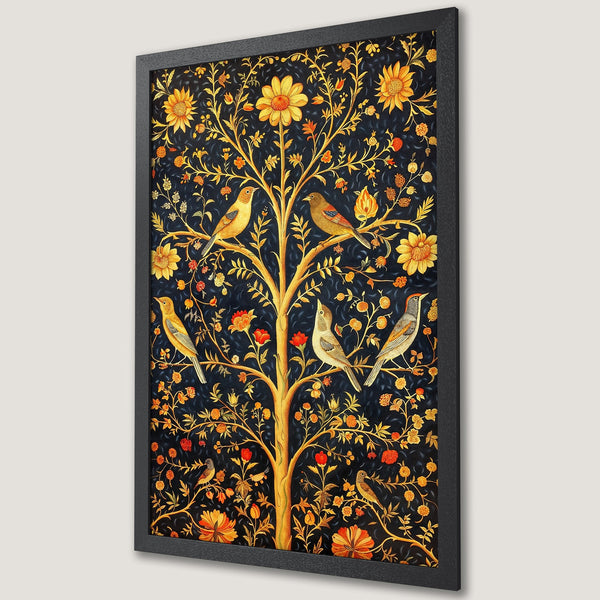 Framed Poster featuring a tree with birds, in a vintage style with a dark blue, gold, and orange color palette. Perfect wall art!