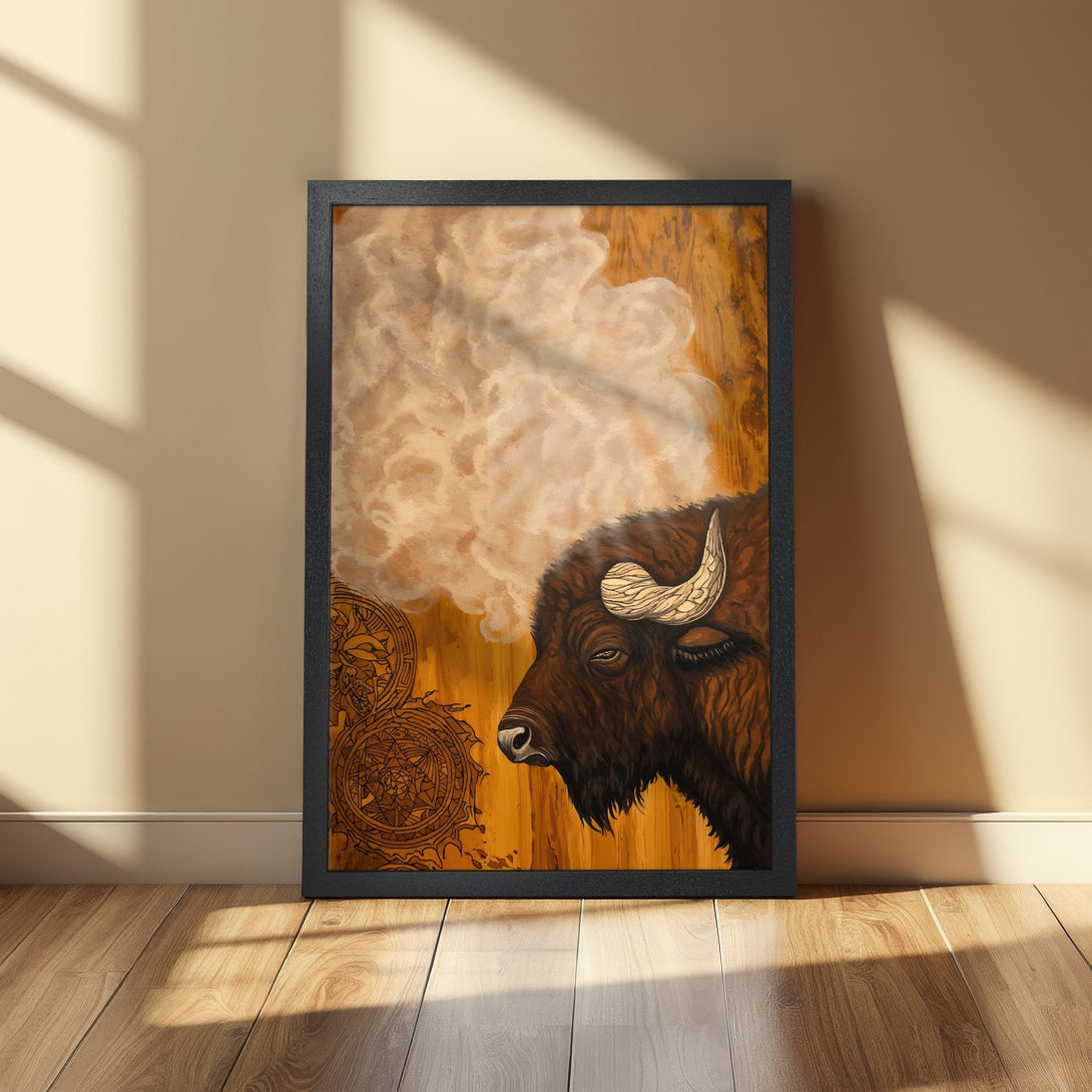 Framed Poster featuring a bison in a warm, earthy color palette. Rustic style art print for your home decor.