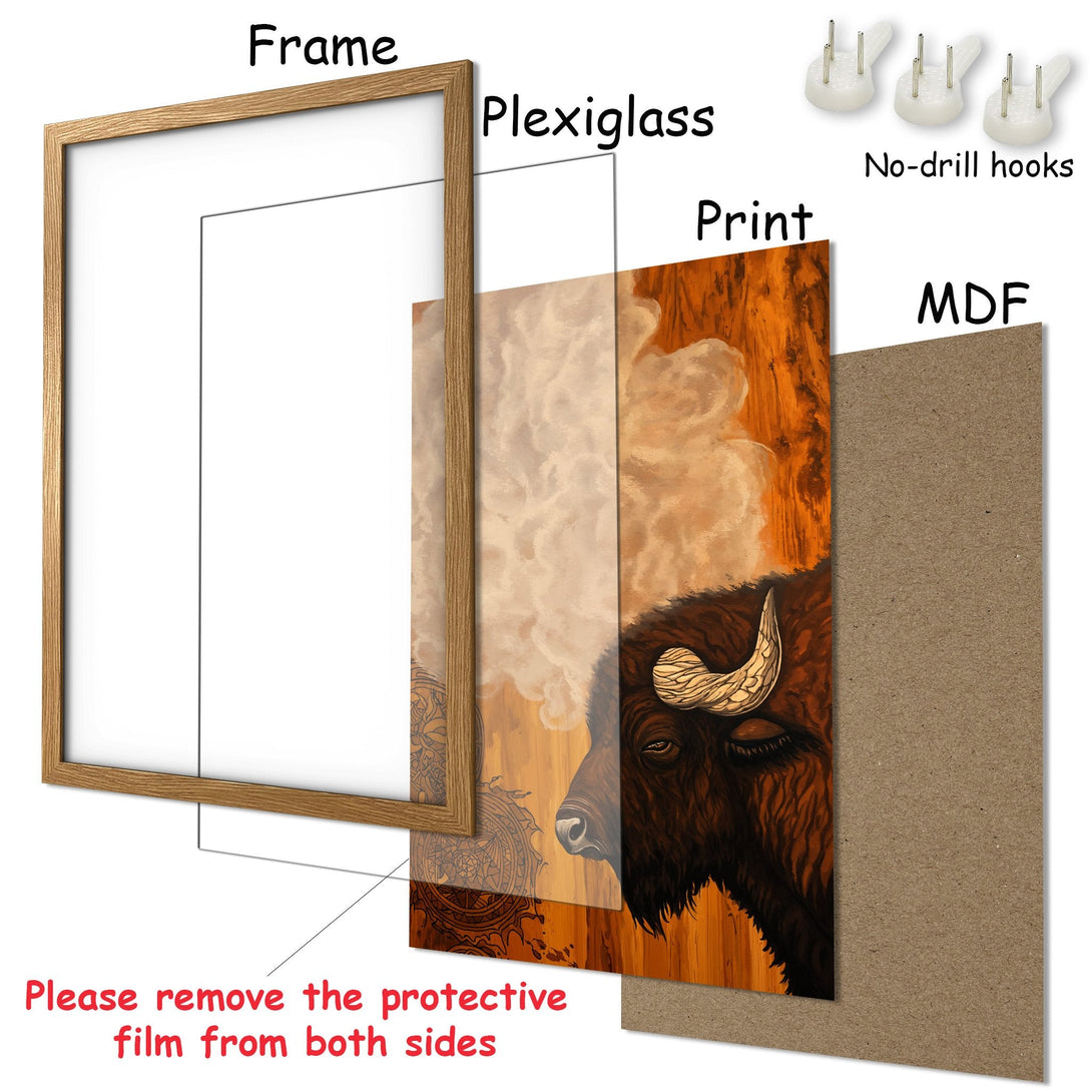 Framed Poster featuring a bison in warm earth tones. Rustic style art print ready to hang.