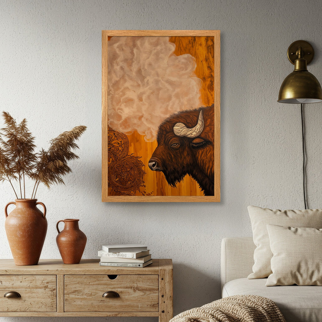 Framed Poster featuring a bison in warm tones. Rustic style, earth-toned palette. Perfect wall art for your home!