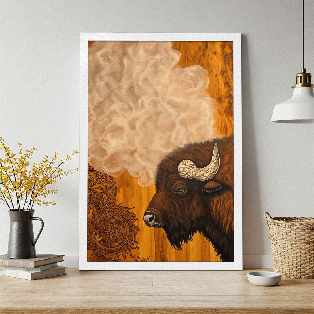 Framed Poster featuring a bison illustration in a warm, earthy color palette. Rustic style art for your home decor.