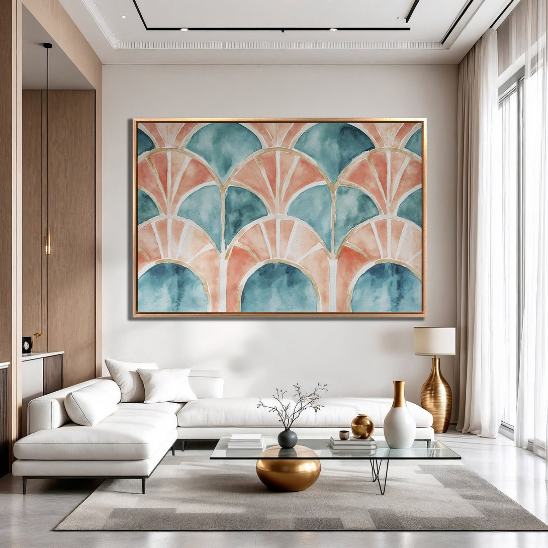 Framed Wall Art: Abstract watercolor print in teal and coral. Modern art adds a pop of color to this stylish living room. Shop now!
