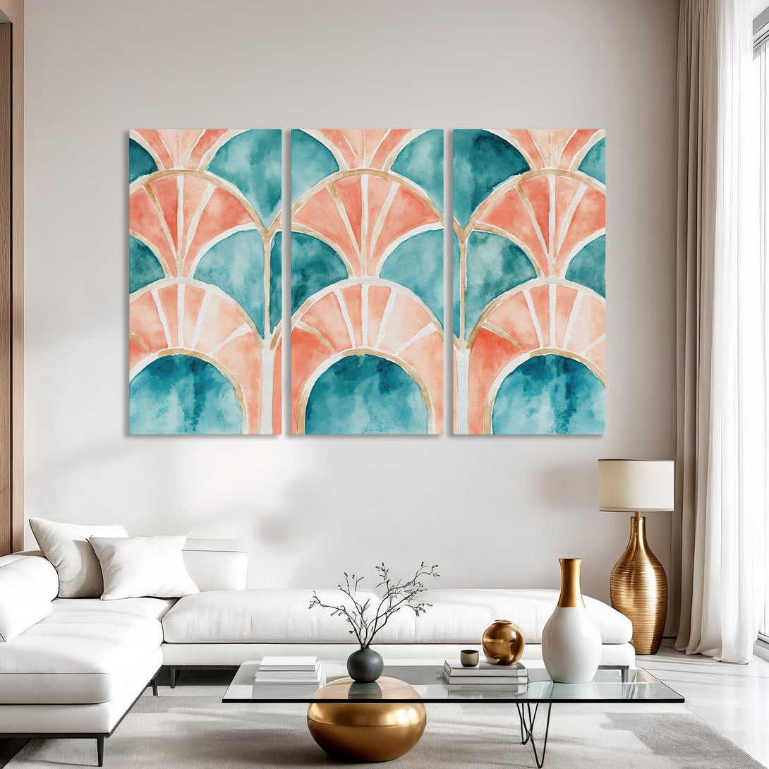 Canvas Print triptych featuring abstract watercolor art in teal and coral. Modern wall decor for living room.