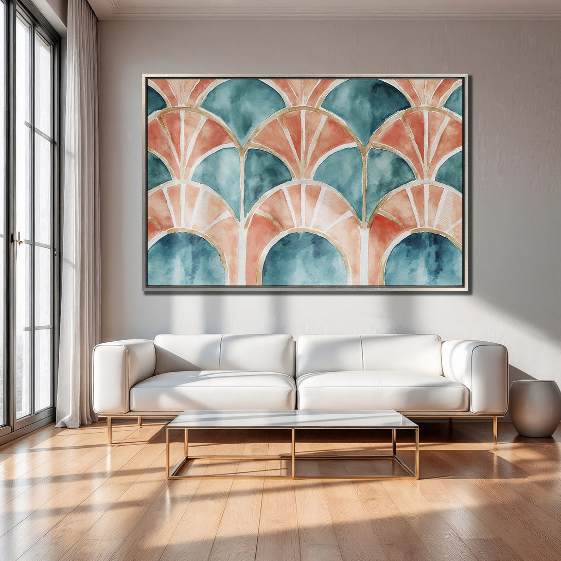 Framed Wall Art featuring an abstract watercolor design in teal and coral, perfect for modern living room decor.