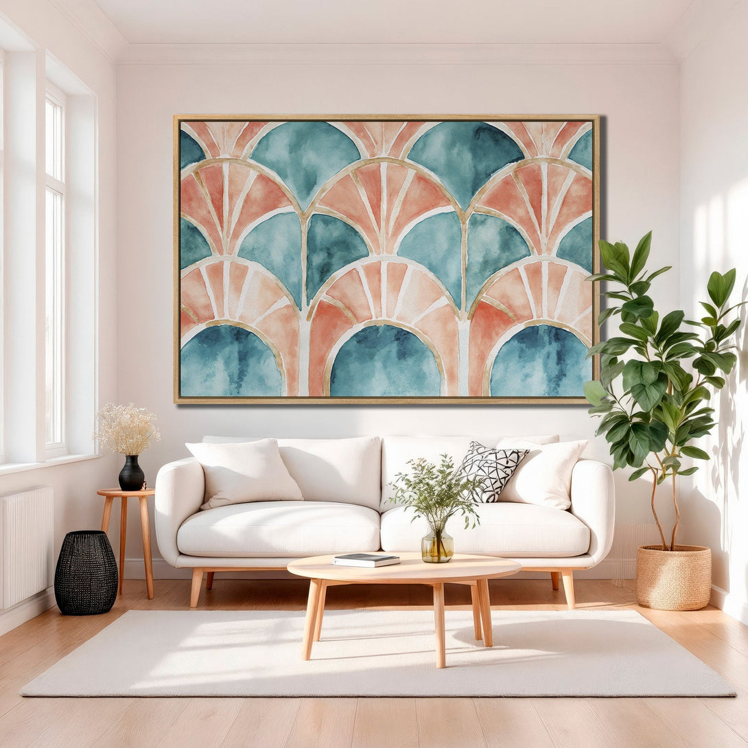 Framed Wall Art featuring watercolor abstract design in teal and coral tones. Modern art canvas print adds a pop of color to any living room.
