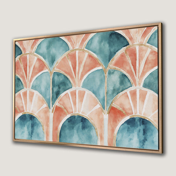 Framed Wall Art featuring a watercolor art deco pattern in teal and coral. Enhance your space with this stylish Canvas Print!