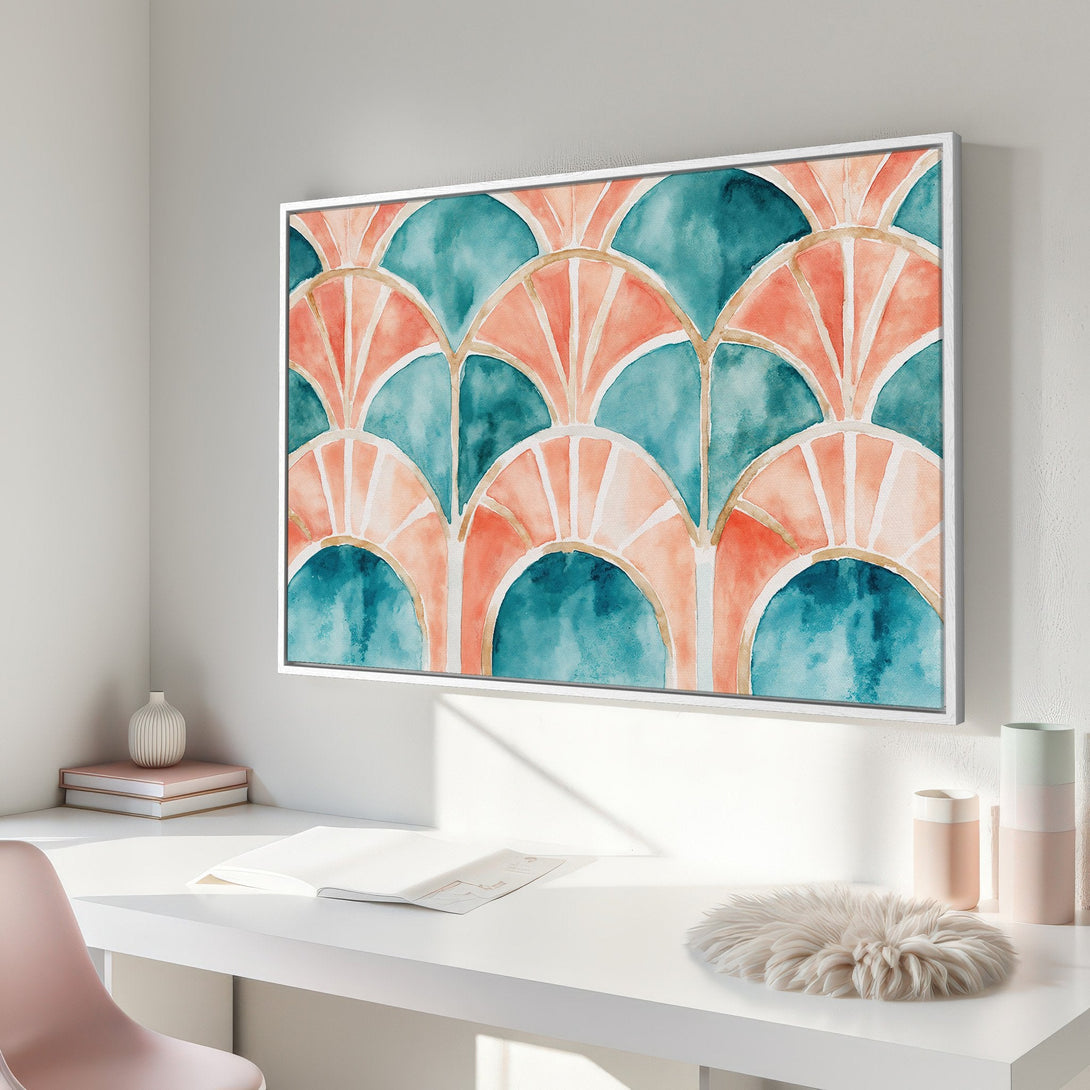 Framed Wall Art: Watercolor fan pattern in teal and coral, modern art for home decor. Adds a pop of color to any interior space.