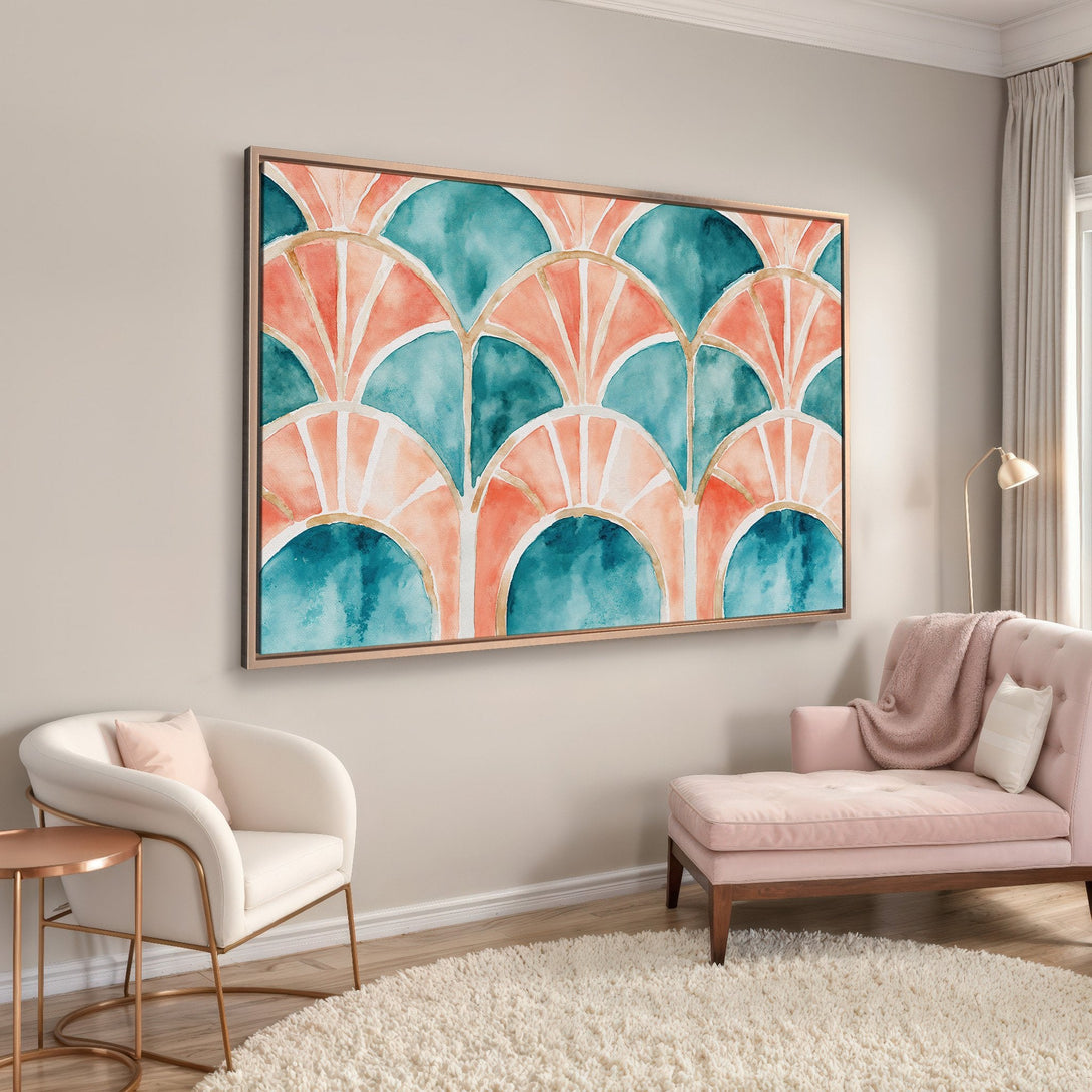 Framed Wall Art: Abstract watercolor fan design in teal and coral. Modern art print for a stylish interior. Enhance your home decor!