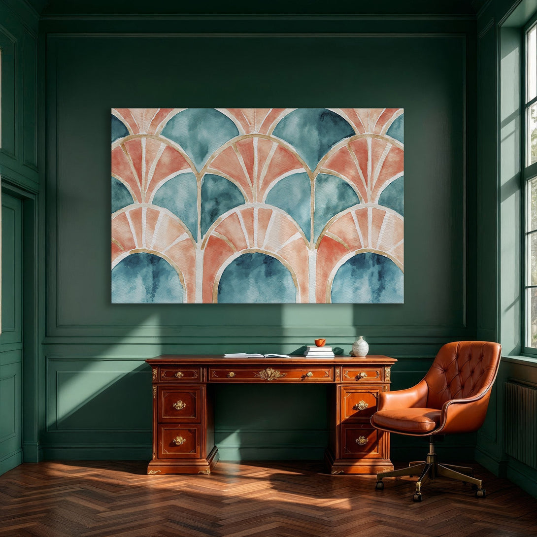 Framed Wall Art featuring an abstract watercolor design in teal and coral, perfect for adding a pop of color to your dining room.