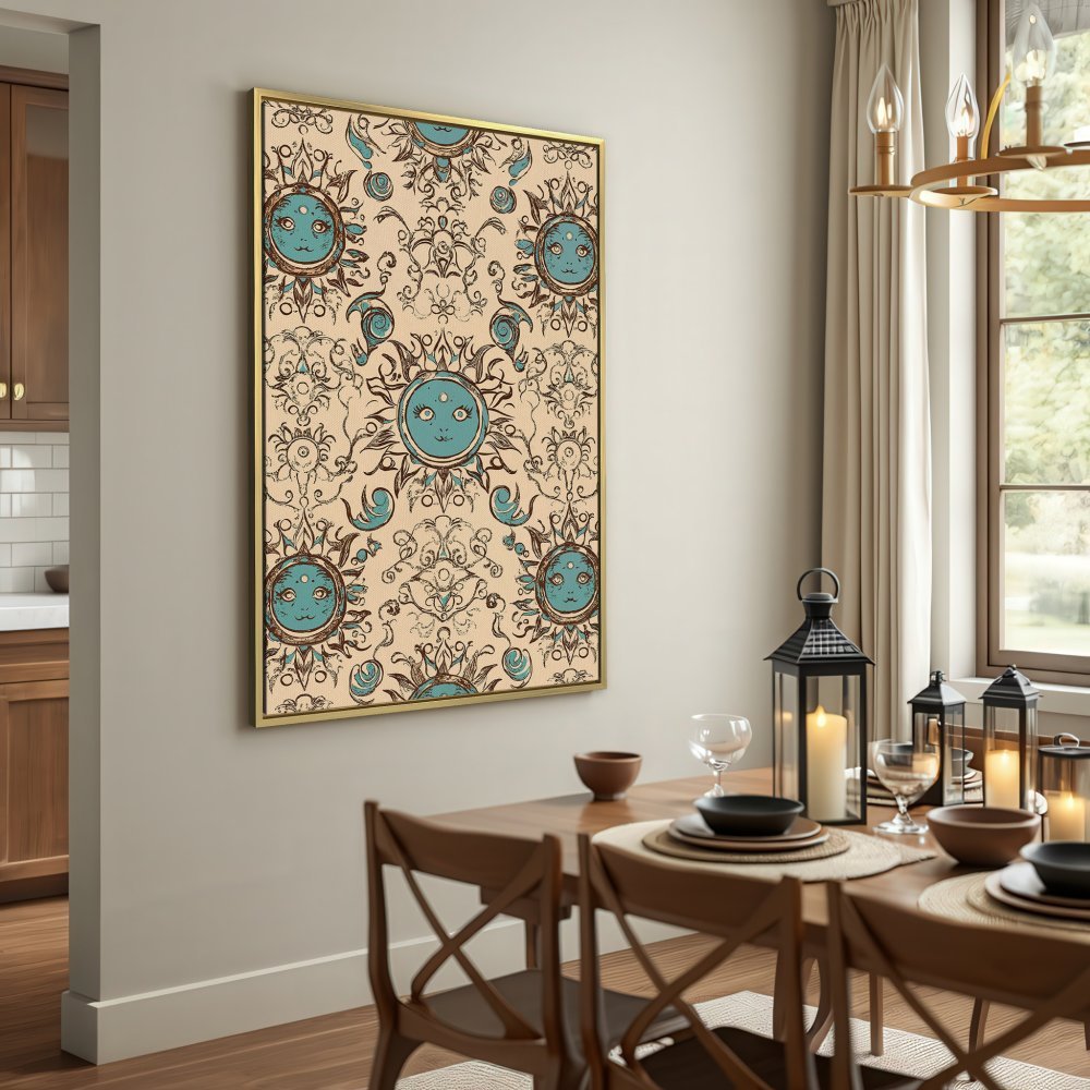 Canvas Print featuring whimsical sun design in blue and beige, perfect for bohemian home decor.