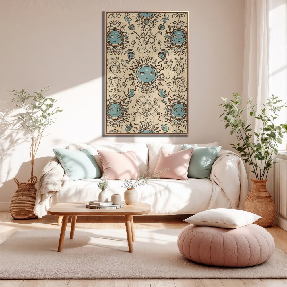 Framed Wall Art featuring a whimsical sun design, perfect for adding a touch of boho charm. Soft blue and beige tones complement any interior.