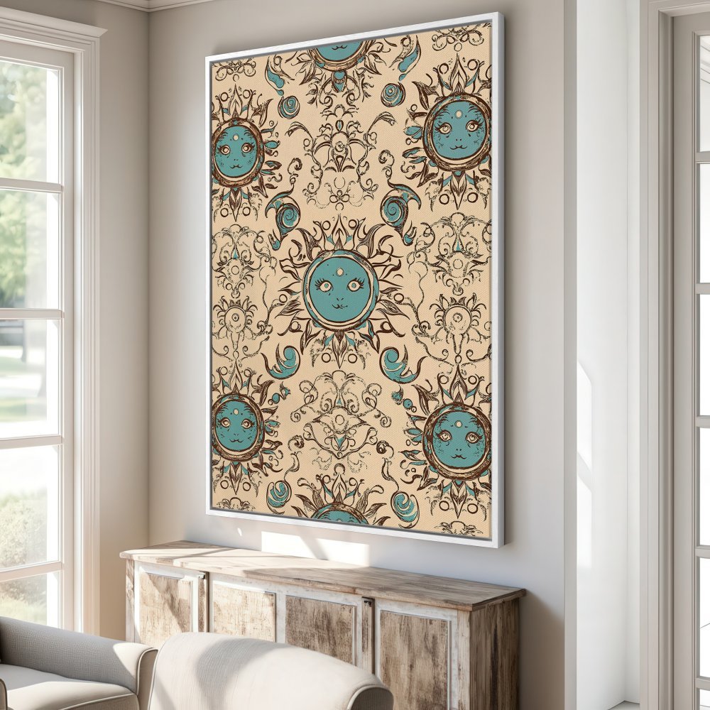 Framed Wall Art: Whimsical sun pattern in teal and brown on a beige background. Perfect for adding a touch of boho charm to any space.