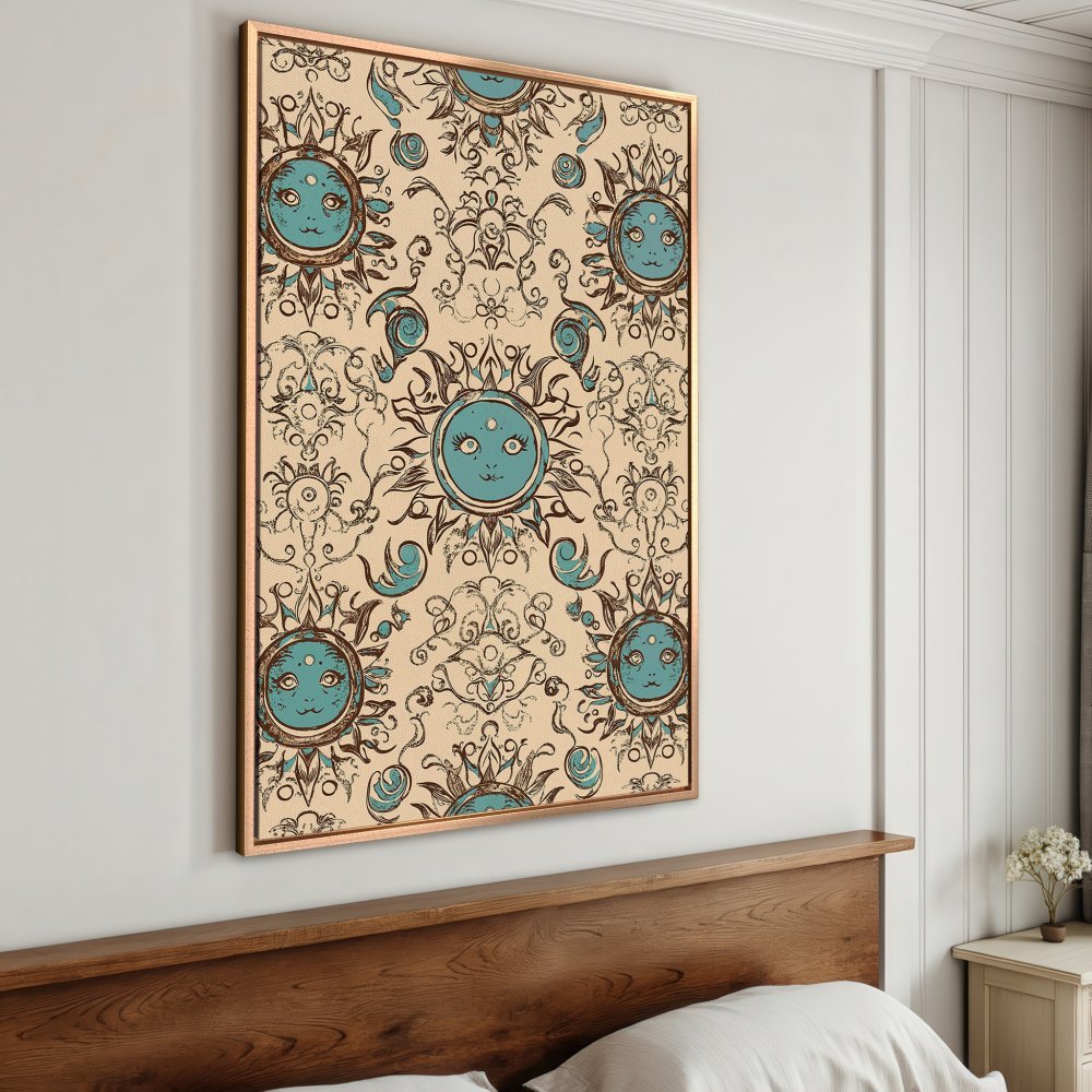 Framed Wall Art featuring a whimsical sun design in teal and brown tones. Perfect for adding a touch of bohemian style to your space.
