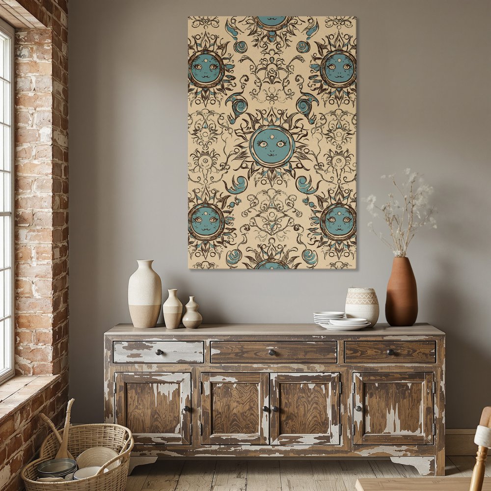 Framed Wall Art Canvas Print featuring a whimsical sun design in teal and brown on a beige background. Perfect for adding unique style to your home!