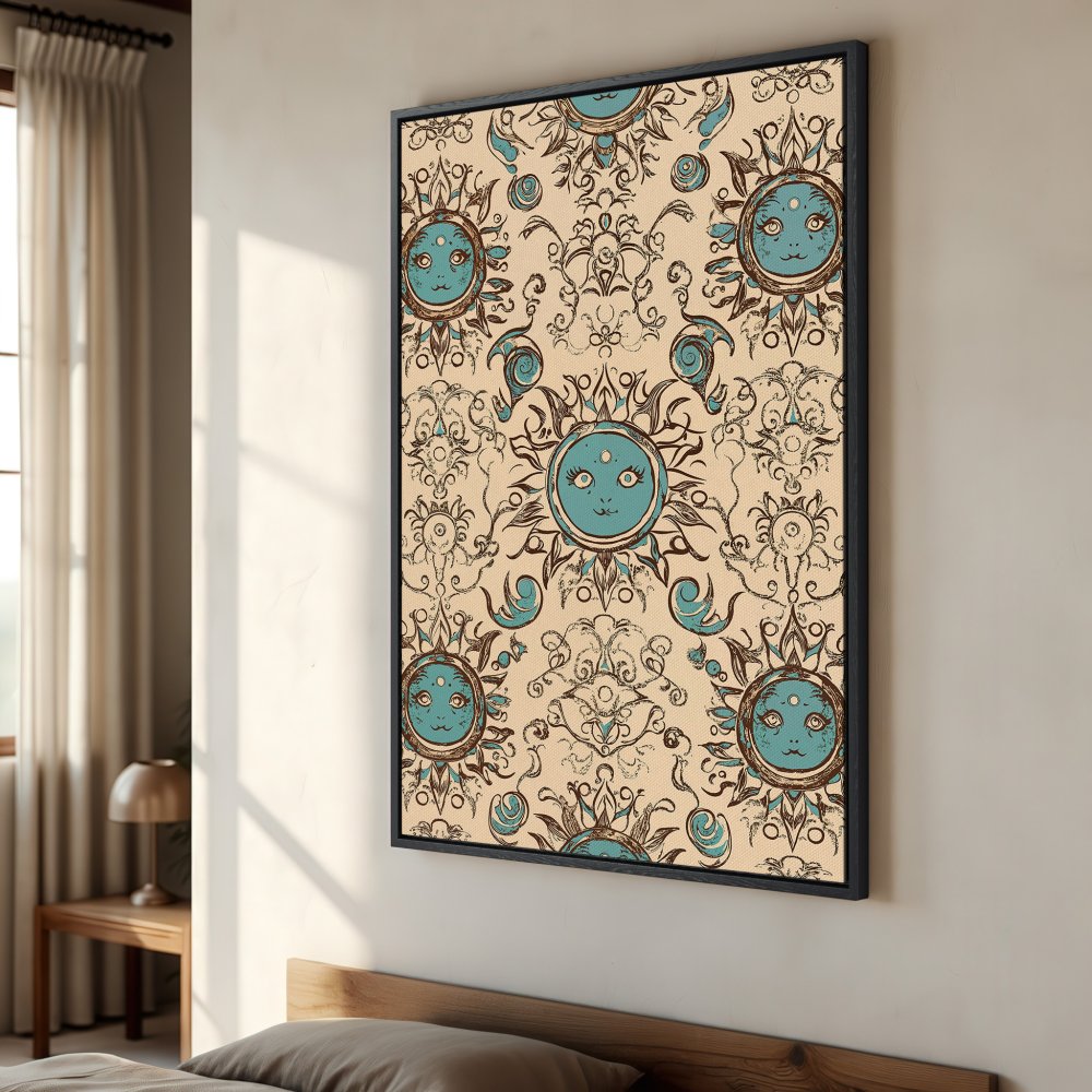 Framed Wall Art featuring a whimsical sun pattern in teal and brown tones. Perfect for adding a touch of boho charm to your bedroom decor.