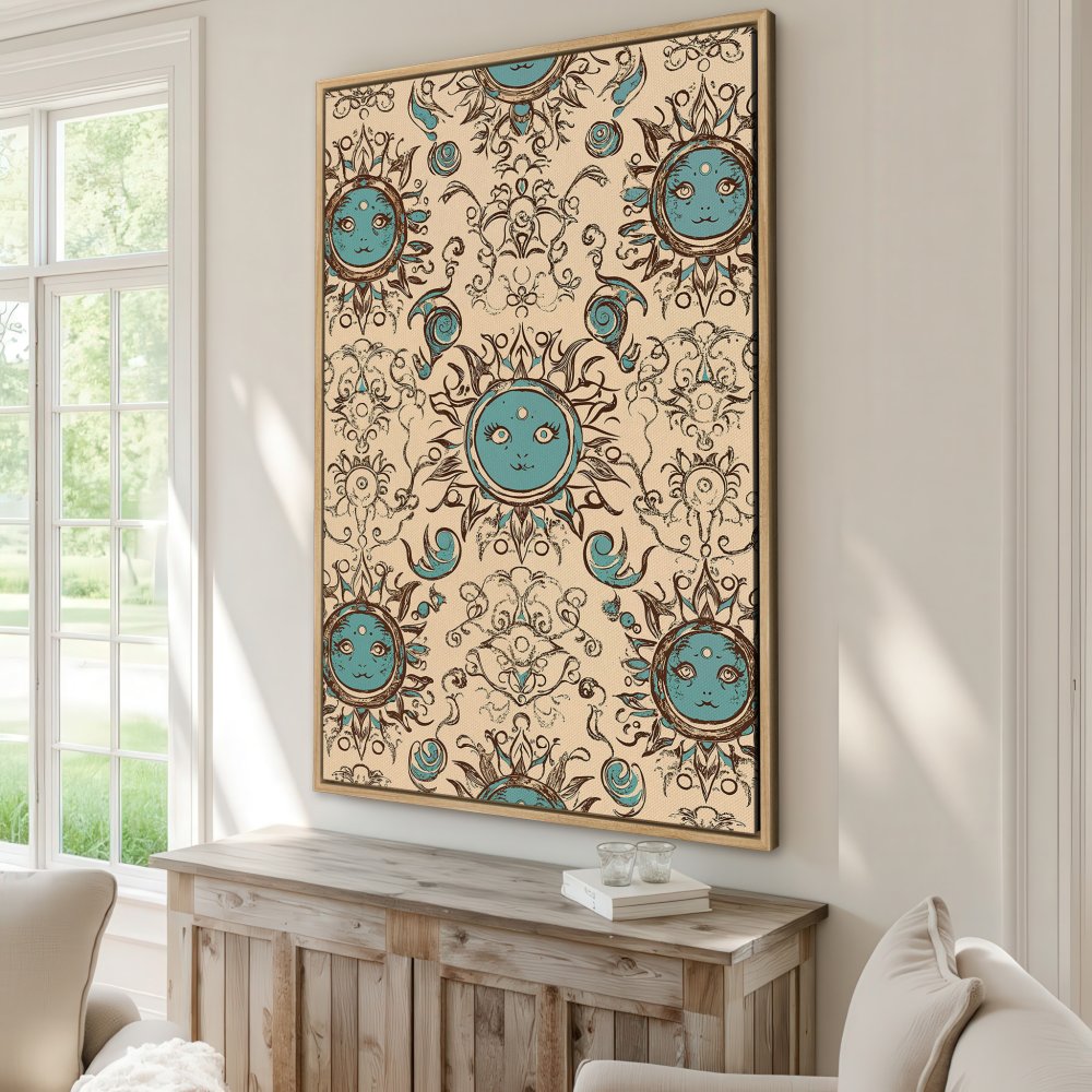 Framed Wall Art: Whimsical sun pattern in teal and brown on a beige background. Perfect for adding a touch of bohemian style to your home decor.