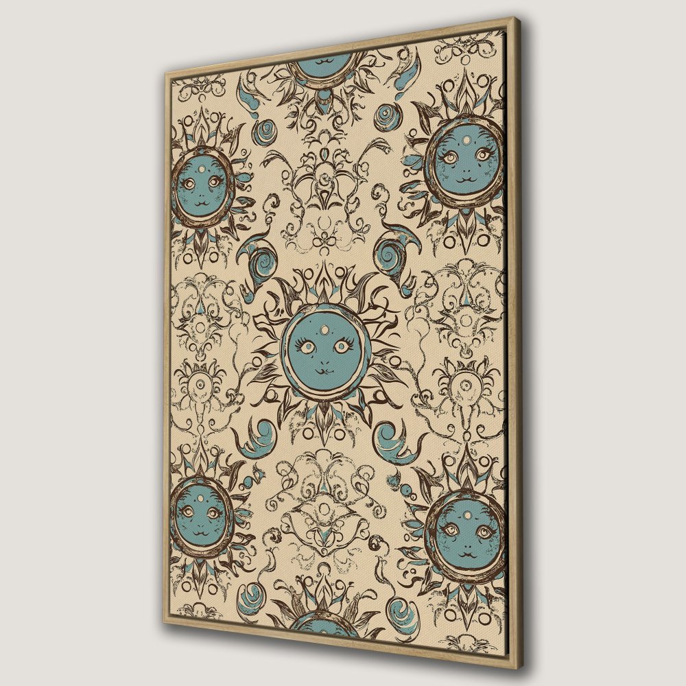 Framed Wall Art: Whimsical sun face pattern in blue and brown on a cream background. Perfect for adding a touch of bohemian charm.