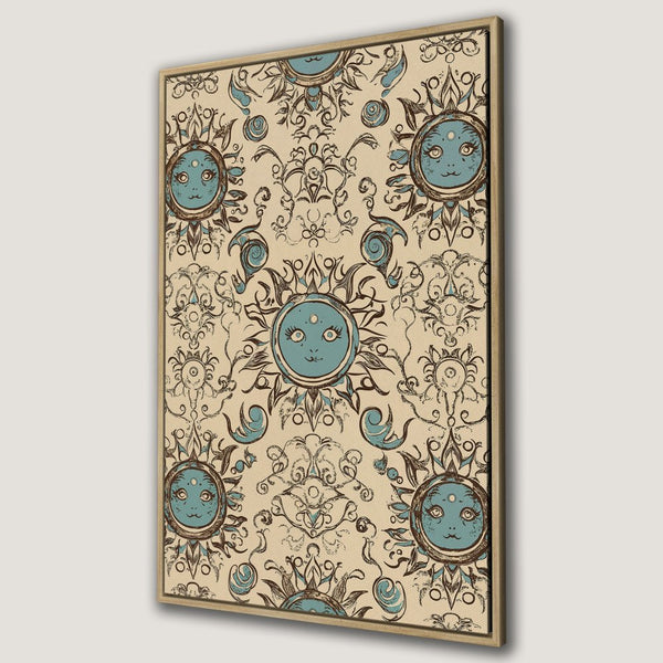 Framed Wall Art: Whimsical sun face pattern in blue and brown on a cream background. Perfect for adding a touch of bohemian charm.