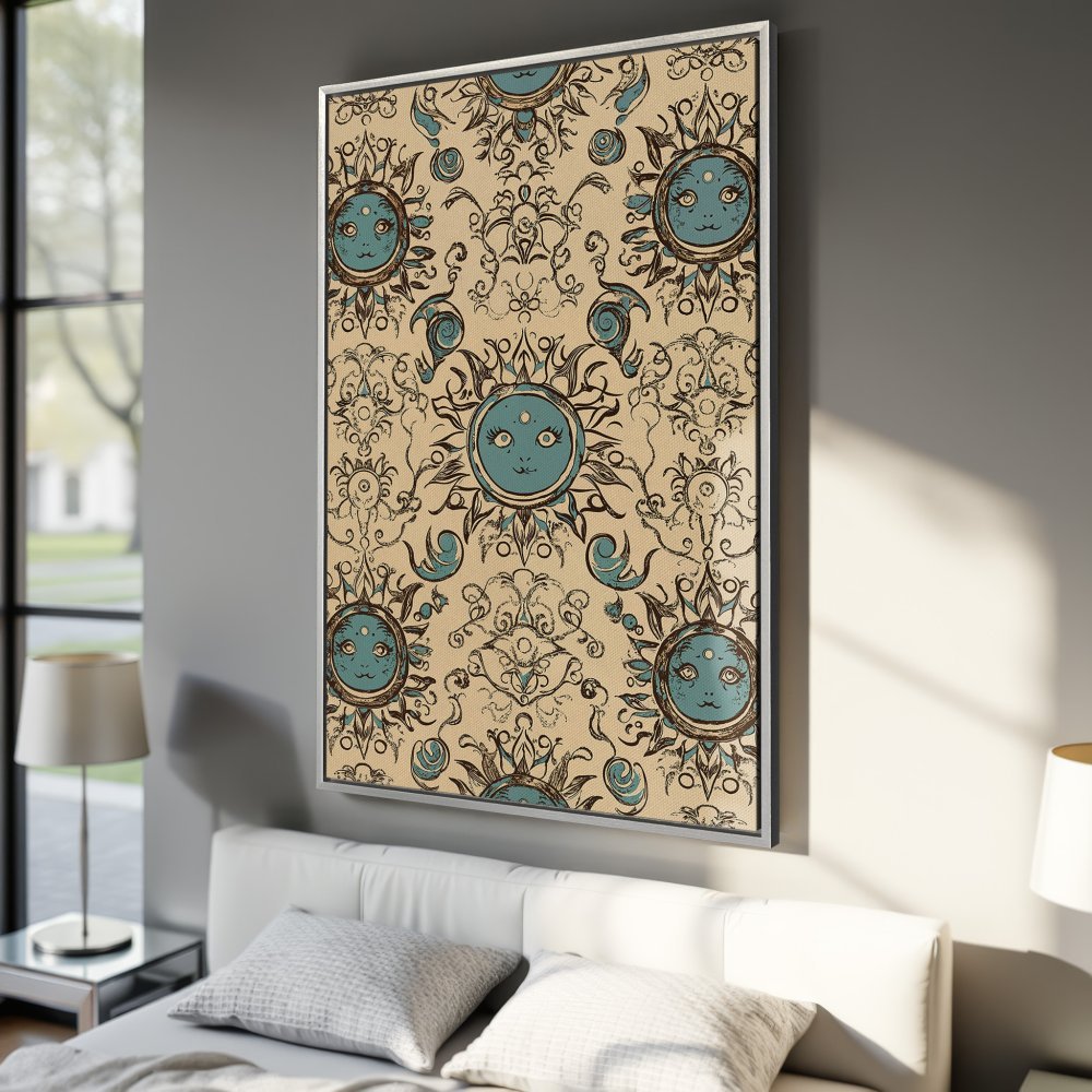 Framed Wall Art featuring whimsical sun design in blue and brown on a beige background. Perfect for adding a touch of bohemian style to your home.