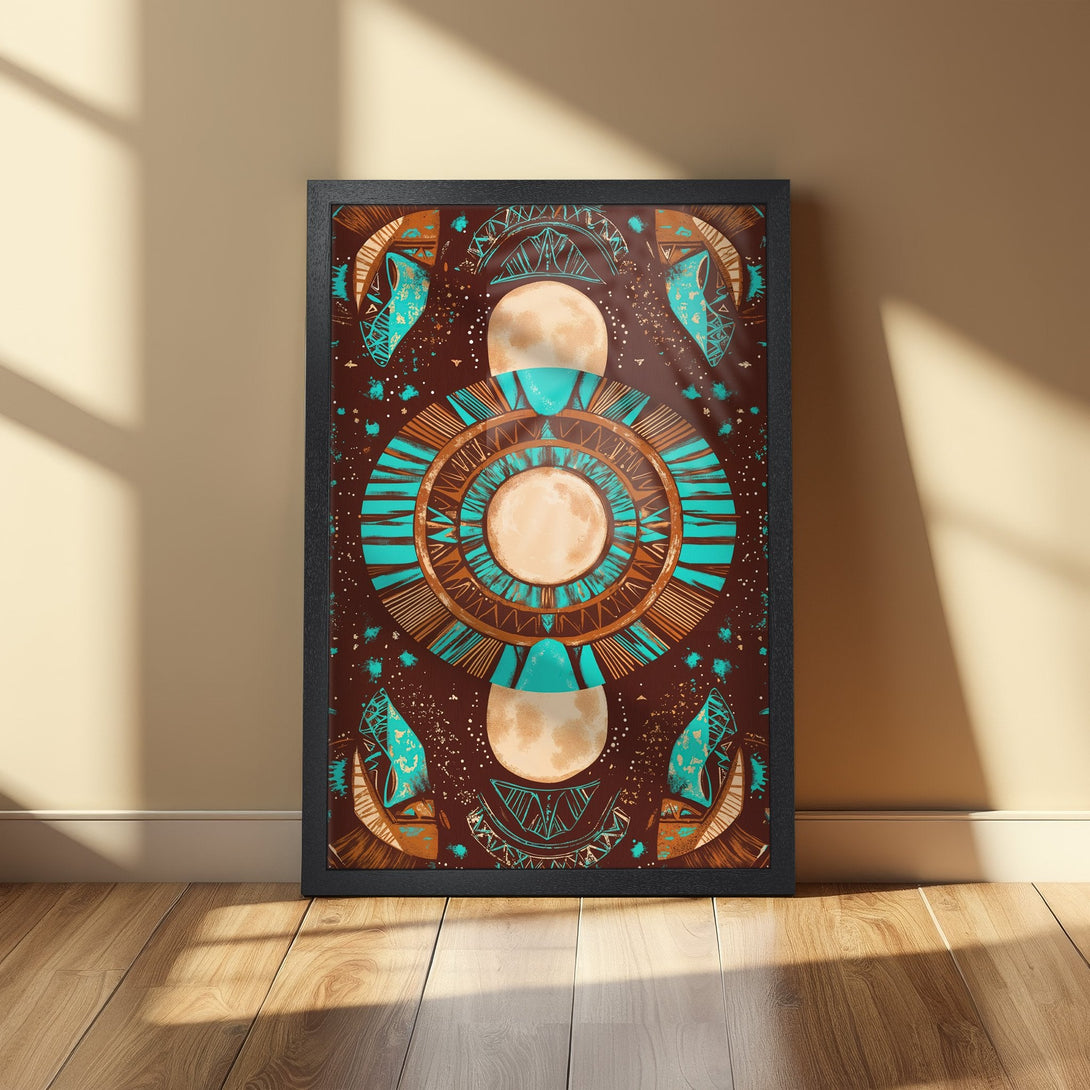 Framed Poster featuring a tribal design in brown, teal, and orange. Perfect wall art for your home decor.
