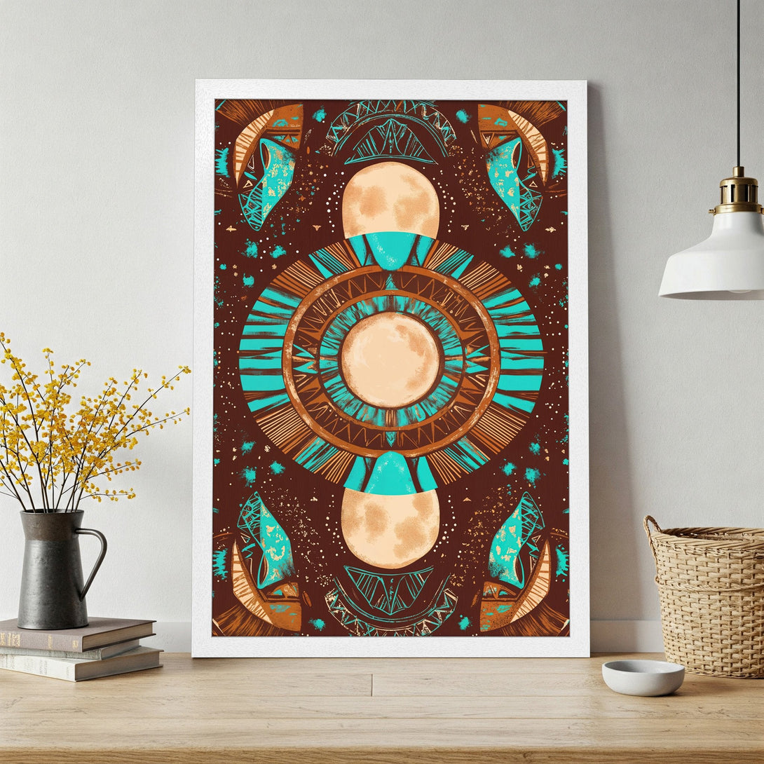 Framed Poster featuring an abstract design with a moon and geometric shapes in teal, brown, and beige. A unique art piece for your home!