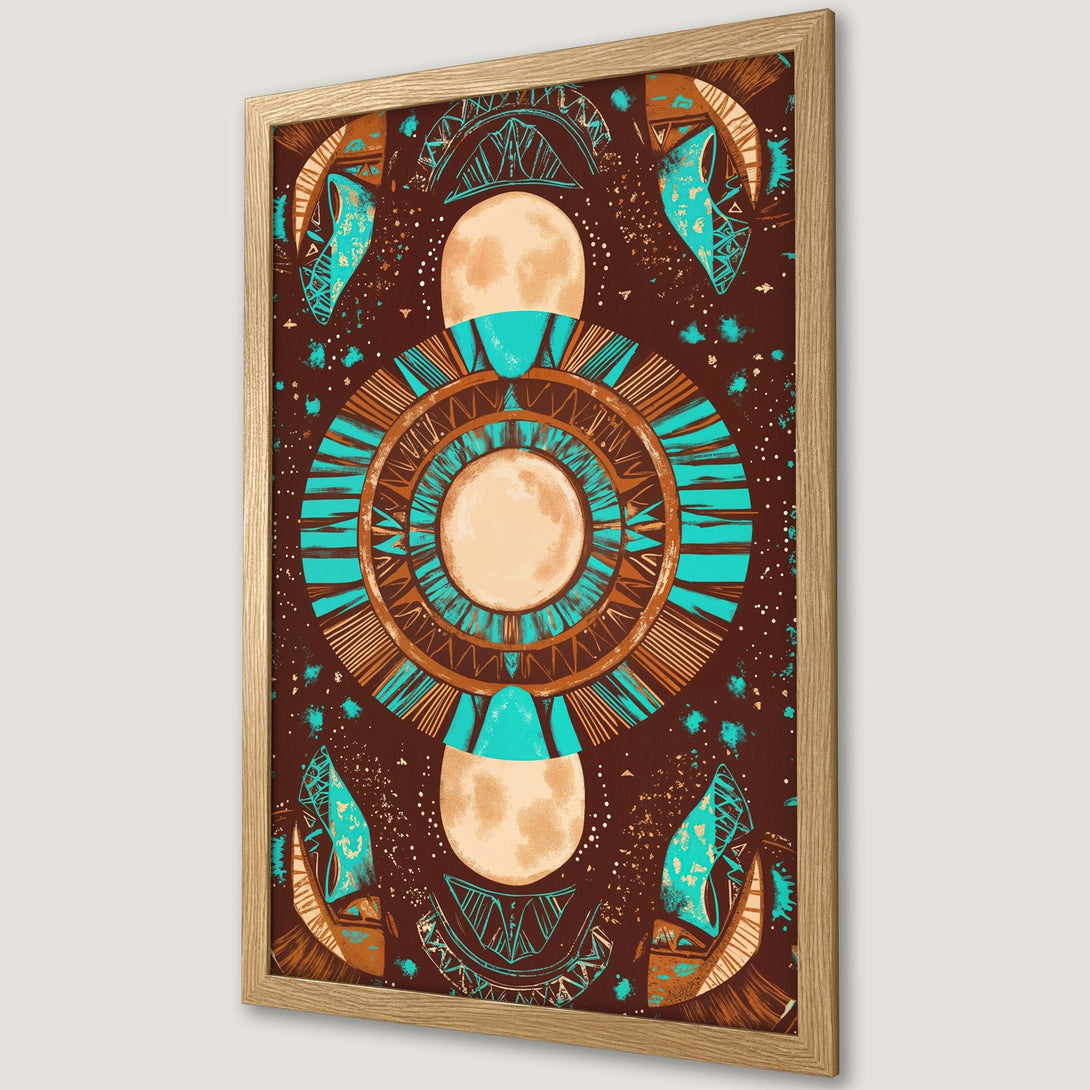 Framed Poster featuring a celestial design with brown, teal, and beige colors. Perfect art print for home decor, adding a touch of boho style.