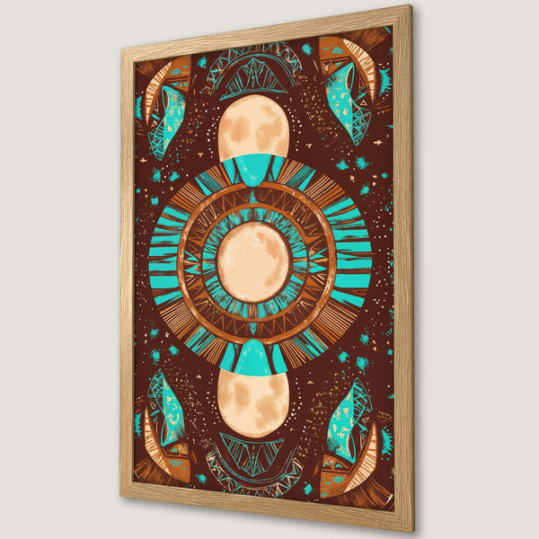 Framed Poster featuring a celestial design with brown, teal, and beige colors. Perfect art print for home decor, adding a touch of boho style.