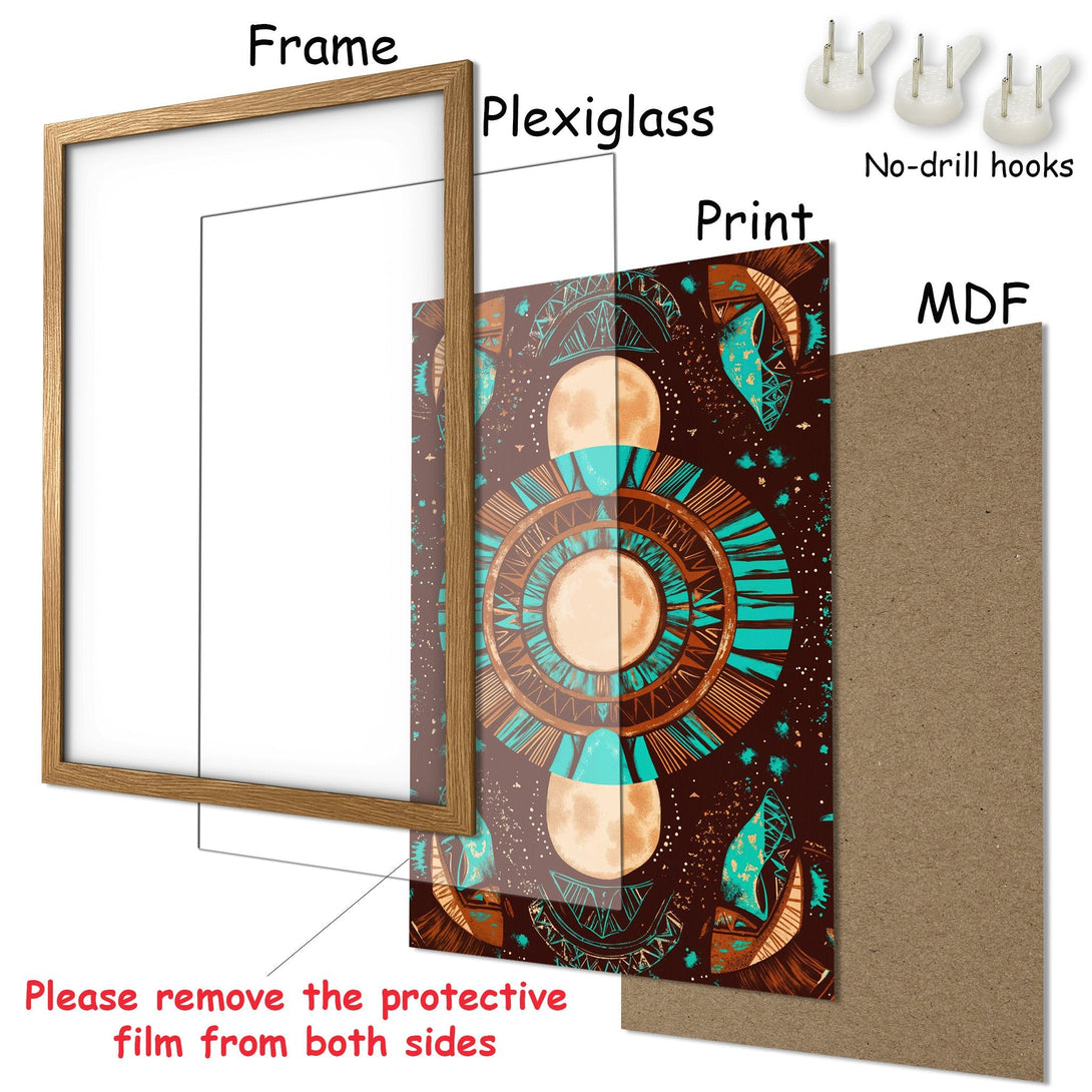 Framed Poster featuring an abstract design with earthy tones and teal accents. Perfect wall art!