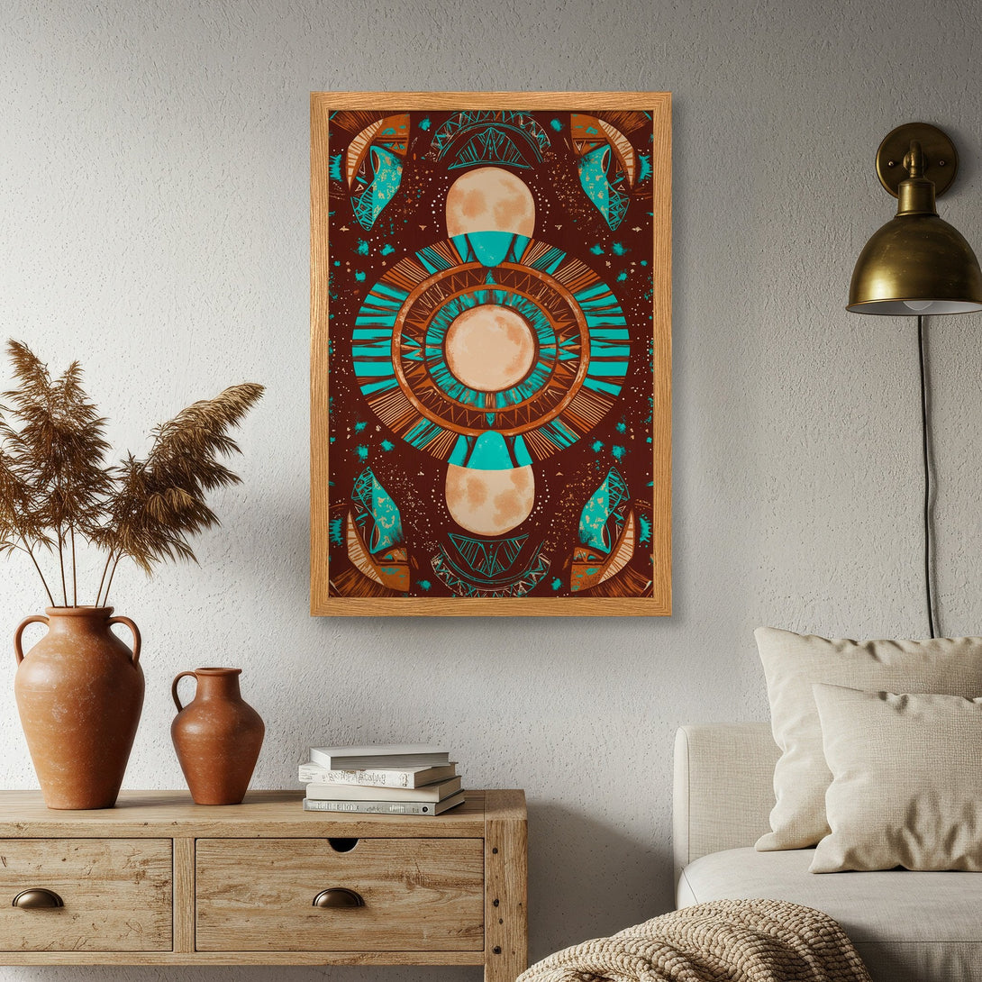 Framed Poster featuring a celestial design in brown, teal, and orange. Modern art style, perfect for home decor.