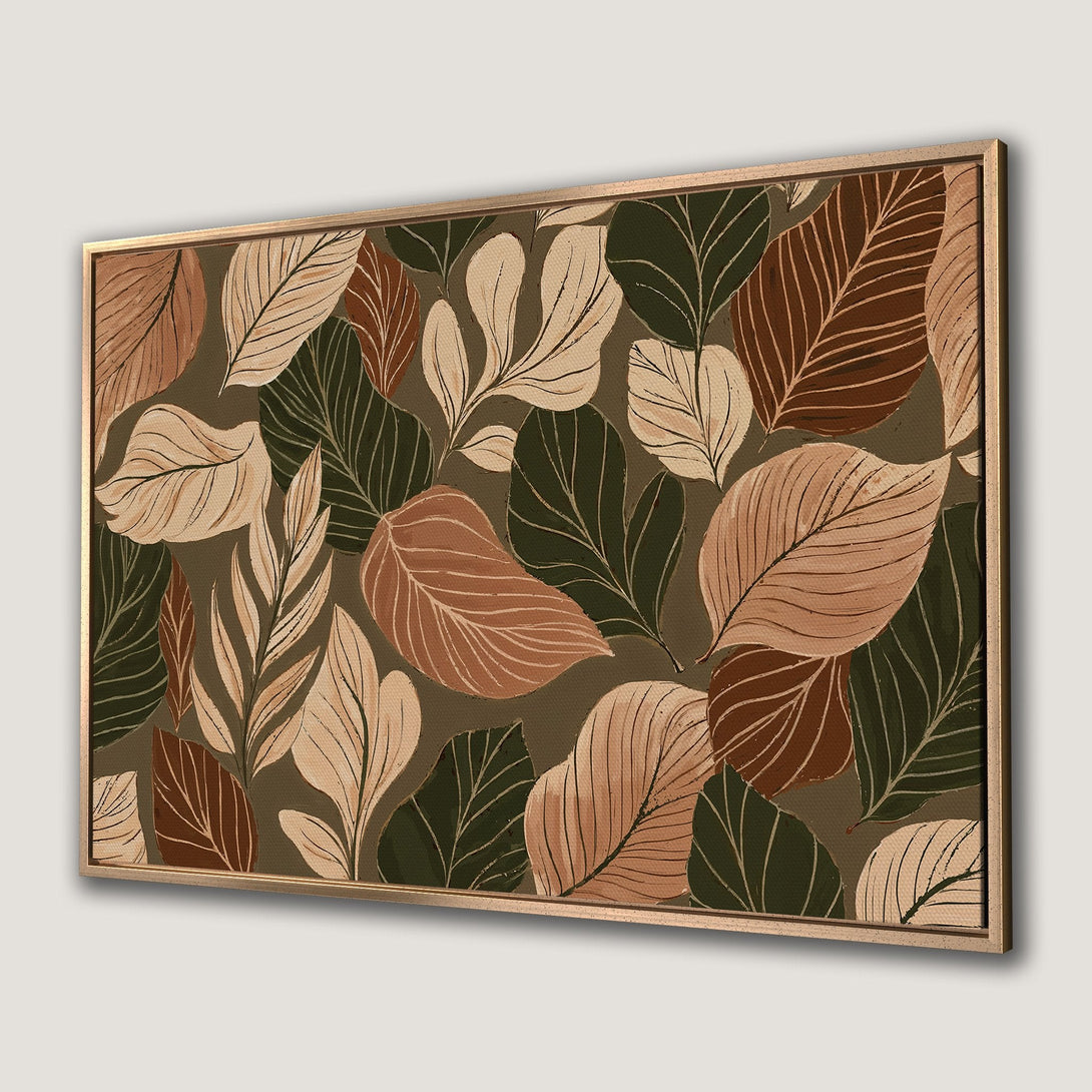Framed Wall Art featuring a botanical leaf design in earthy tones. Modern canvas print with a warm, neutral color palette perfect for any interior.