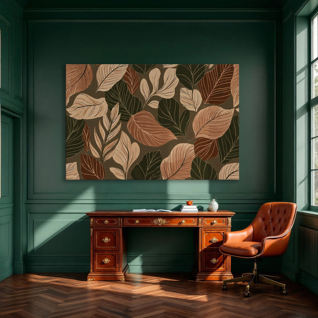 Framed Wall Art: Botanical leaf print in warm earth tones. Modern decor for dining room. Shop canvas prints & elevate your space!