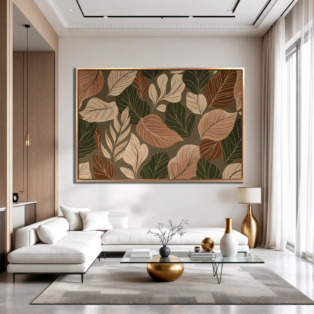 Framed Wall Art: Botanical leaf print in warm earth tones. Modern style canvas print perfect for living room decor.